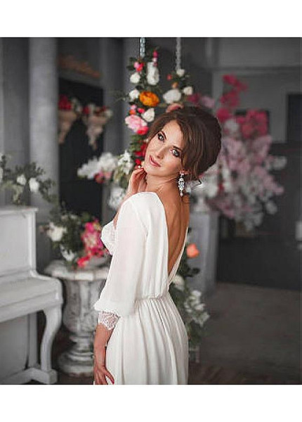 Simple Chiffon Jewel Backless Long Sleeve A-line Wedding Dress