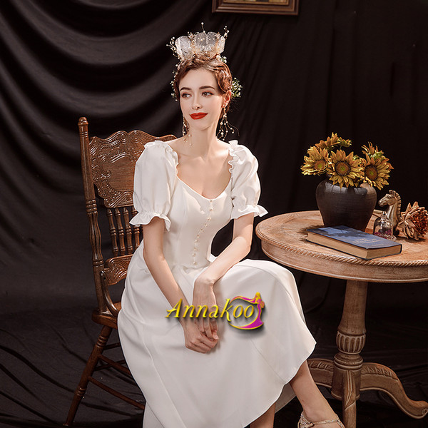 Buy 2021 Puffy Sleeve Satin Tea Length A Line Button Square Wedding Dress Under 99