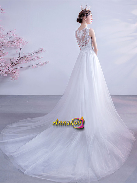 Buy Annakoo 2021 A Line Tulle Appliques Sheer Back Scoop Wedding Dress Under 129