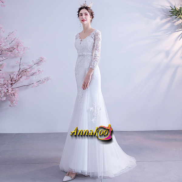 Long Sleeve Lace V Neck Trumpet Mermaid Sheer Back Wedding Dress