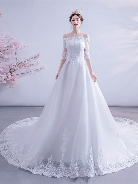 Buy Cheap ANNAKOO 2021 Off The Shoulder Tulle A Line Long Sleeve Appliques Wedding Dress under 139