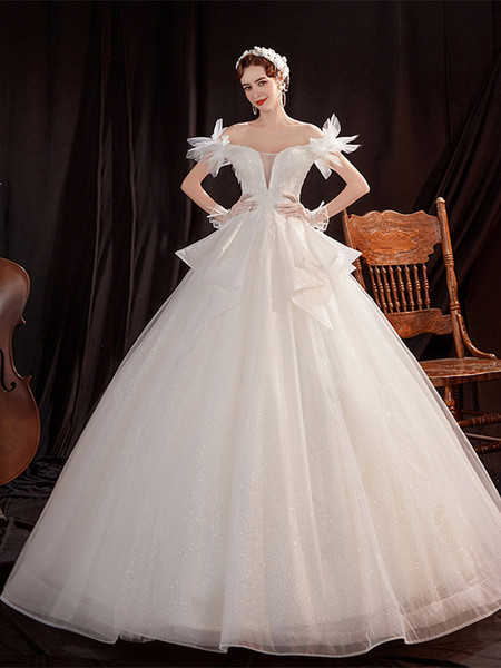 Shop Annakoo Off The Shoulder Puffy Sleeve Ball Gown Tulle Flowers Wedding Dress Under 158