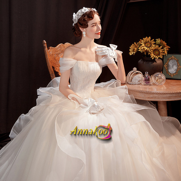 Shop Annakoo 2021 Off The Shoulder Ruffles Ball Gown Tulle Ruched Wedding Dress Under 148
