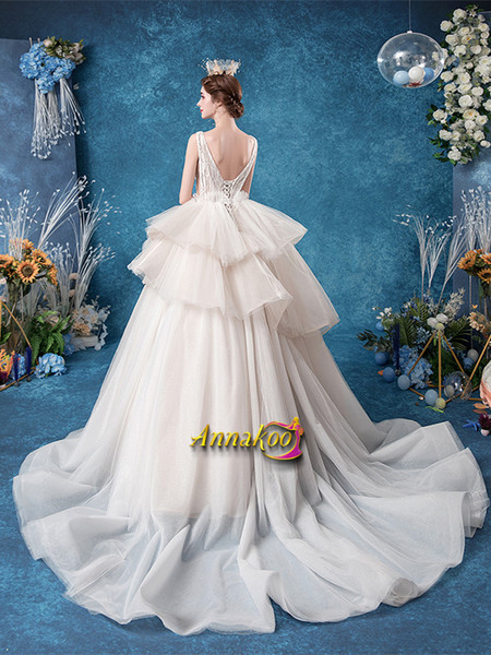 Ruffles Ball Gown Tulle Ruched V Neck Wedding Dress