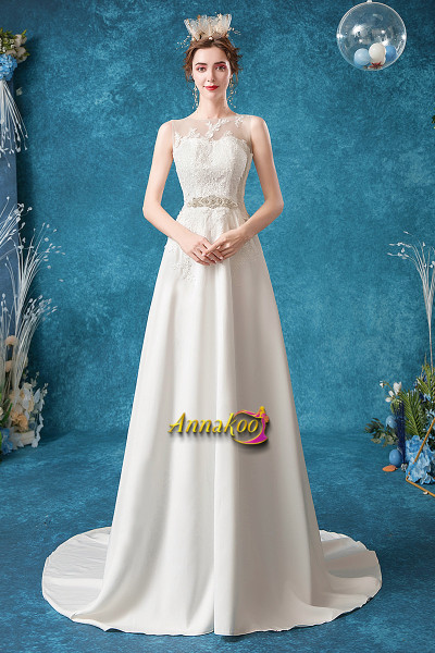 Shop ANNAKOO Sheer Neck Appliques Beading A Line Sash Belt Wedding Dress Under 136