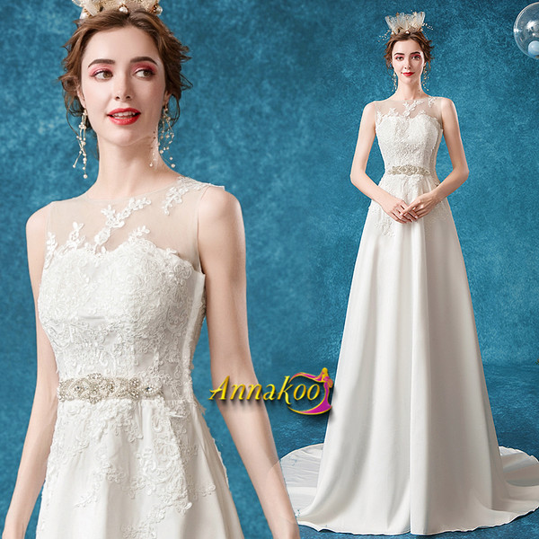Sheer Neck Appliques Beading A Line Sash Belt Wedding Dress