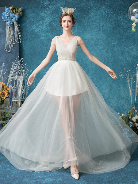 Shop 2021 High Low Tulle V Neck Sweep Train Beading A Line Wedding Dress Under 136