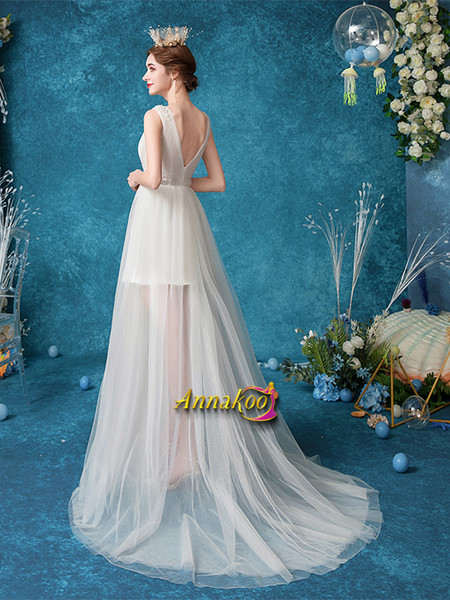 Shop 2021 High Low Tulle V Neck Sweep Train Beading A Line Wedding Dress Under 136