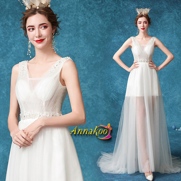 Shop 2021 High Low Tulle V Neck Sweep Train Beading A Line Wedding Dress Under 136