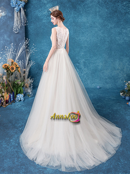 Shop 2021 ANNAKOO Scoop A Line Sheer Back Applique Tulle Wedding Dress Under 135