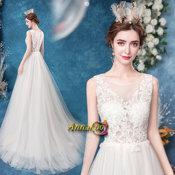 Shop 2021 ANNAKOO Scoop A Line Sheer Back Applique Tulle Wedding Dress Under 135