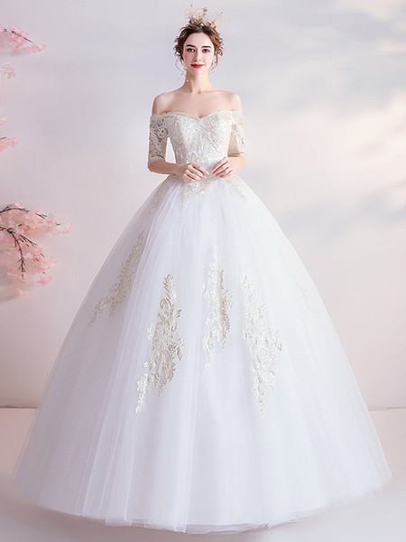 Half Sleeve Ball Gown Appliques Lace Up Tulle Wedding Dress