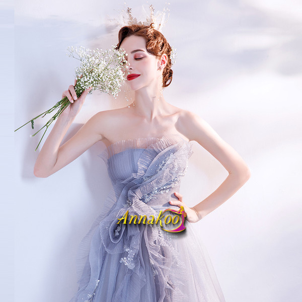 Shop 2021 Ruffles Tulle Blue Strapless A Line Ankle Length Prom Dress Under 138