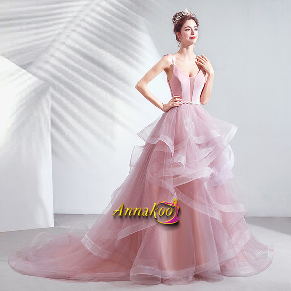 Shop 2021 ANNAKOO Spaghetti Straps Tulle Pink Lace Up Ruffles A Line Prom Dress under 128