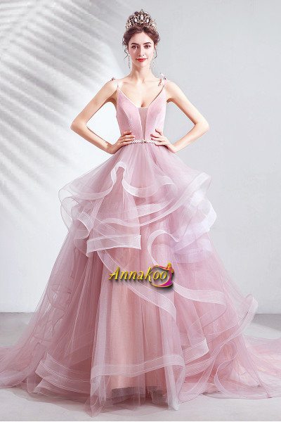 Shop 2021 ANNAKOO Spaghetti Straps Tulle Pink Lace Up Ruffles A Line Prom Dress under 128