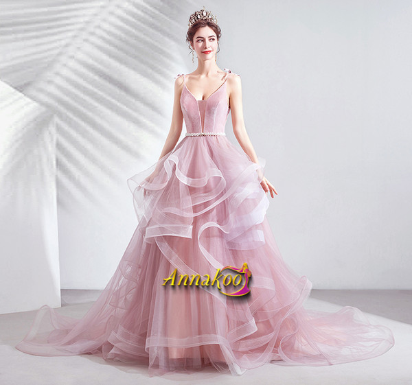 Shop 2021 ANNAKOO Spaghetti Straps Tulle Pink Lace Up Ruffles A Line Prom Dress under 128