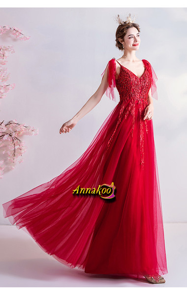 Shop Annakoo 2021 Straps Tulle Red Appliques A Line Lace Up Prom Dress Under 129