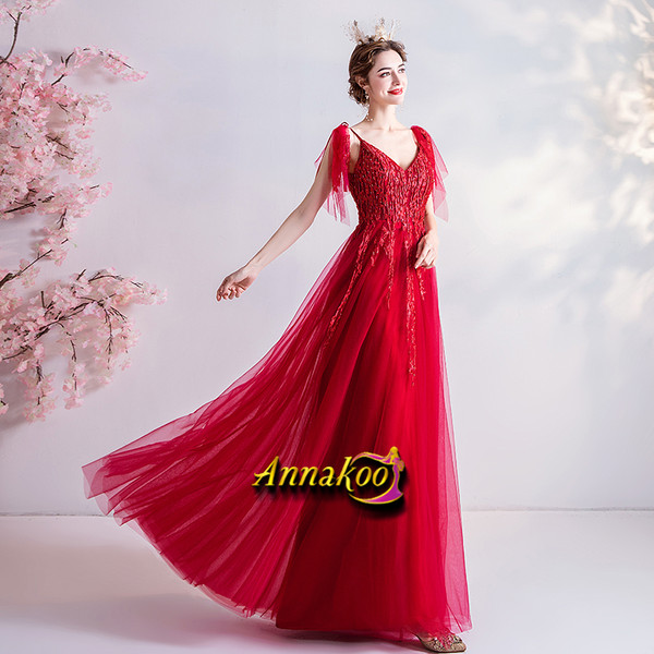 Straps Tulle Red Appliques A Line Lace Up Prom Dress