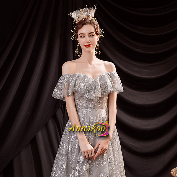 Buy Cheap 2021 Off The Shoulder Silver Sparkle A Line Tulle Prom Dress Under 135