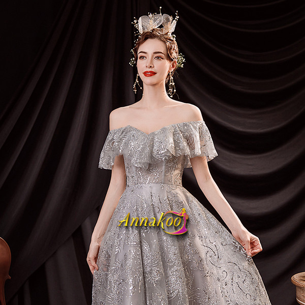 Off The Shoulder Silver Sparkle A Line Tulle Prom Dress