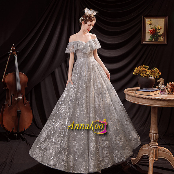 Buy Cheap 2021 Off The Shoulder Silver Sparkle A Line Tulle Prom Dress Under 135