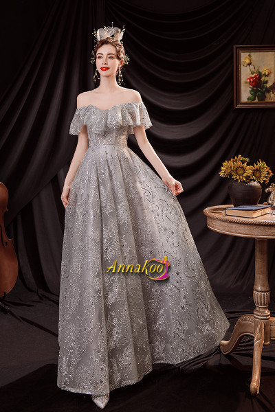 Buy Cheap 2021 Off The Shoulder Silver Sparkle A Line Tulle Prom Dress Under 135