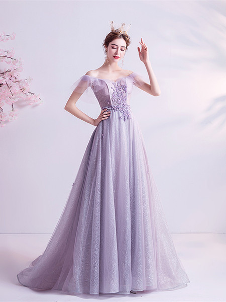 Buy ANNAKOO 2021 Lilac Off The Shoulder Appliques Sparkle A Line Prom Dress Under 135