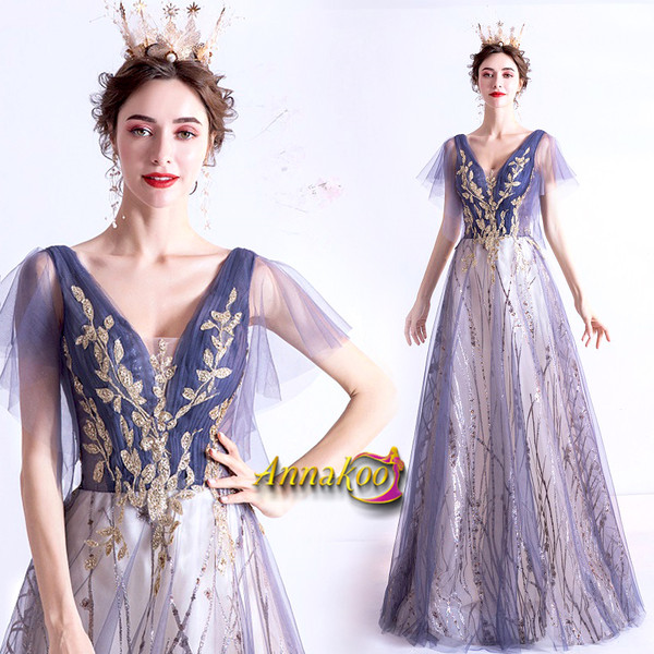 Shop 2021 V Neck Purple Cap Sleeve A Line Tulle Sparkle Long Prom Dress Under 129