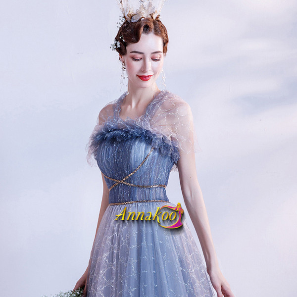 Straps Tulle Blue A Line Romantic Lace Up Prom Formal Dress