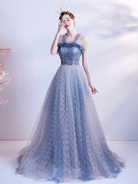 Shop ANNAKOO 2021 Straps Tulle Blue A Line Romantic Lace Up Prom Formal Dress under 125