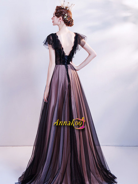 Black & Champagne Cap Sleeve V Neck Lace Up A Line Prom Dress