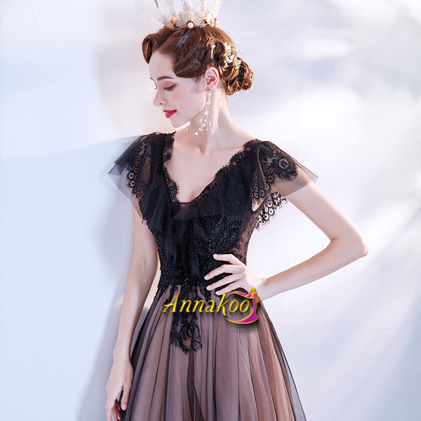 Shop 2021 Black & Champagne Cap Sleeve V Neck Lace Up A Line Prom Dress Under 135