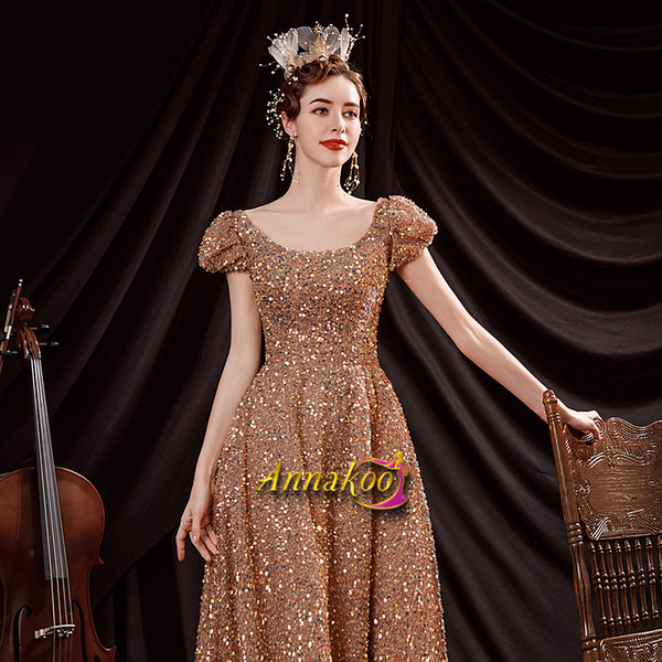 Shop 2021 ANNAKOO Gold Cap Sleeve Sequin A Line Lace Up Sexy Prom Dress Under 135