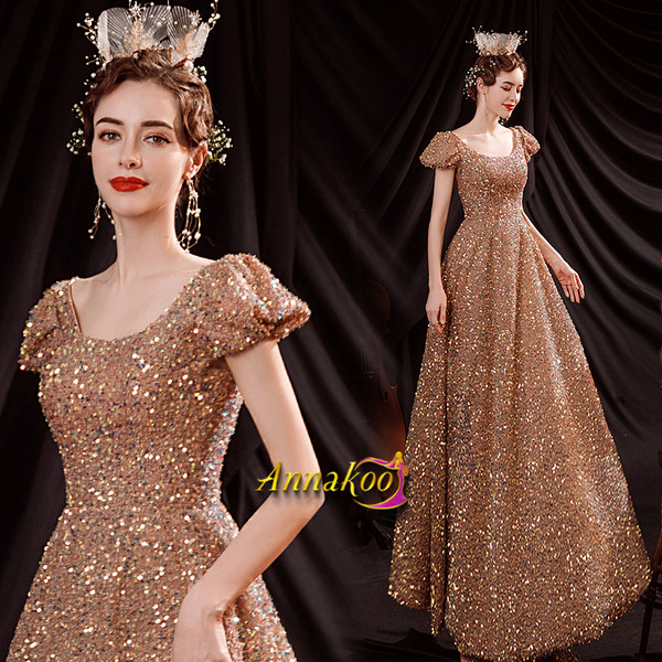 Shop 2021 ANNAKOO Gold Cap Sleeve Sequin A Line Lace Up Sexy Prom Dress Under 135