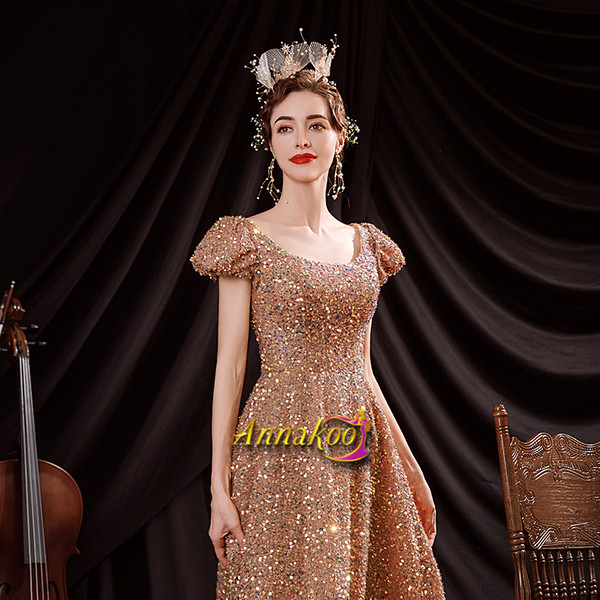 Shop 2021 ANNAKOO Gold Cap Sleeve Sequin A Line Lace Up Sexy Prom Dress Under 135