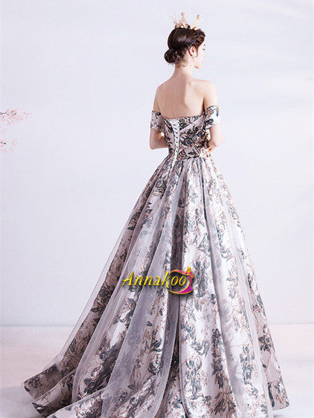 Flower Print A Line Gary Tulle Off The Shoulder Prom Dress