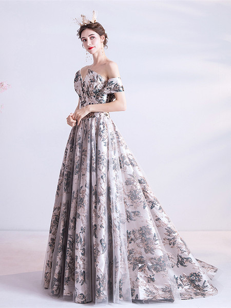 Shop 2021 Flower Print A Line Gary Tulle Off The Shoulder Prom Dress Under 145