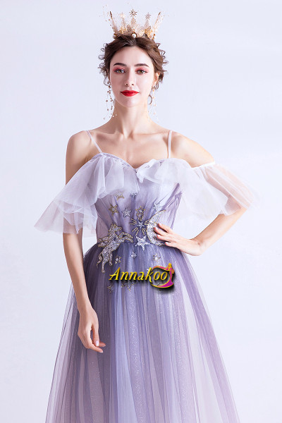 Star and Moon Myth Gradient Lilac Tulle Spaghetti Straps Prom Dress