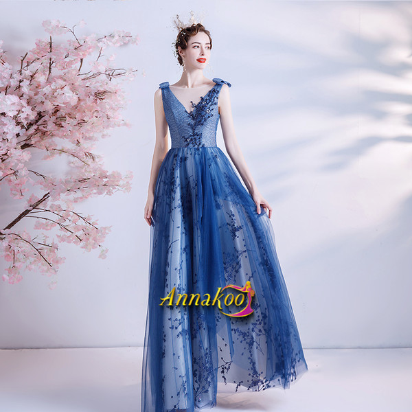 Shop 2021 ANNAKOO Blue V Neck Bowknot Sparkle Sequin A Line Lace Up Prom Dress Under 129