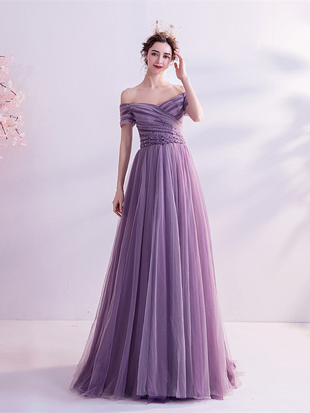 Shop 2021 ANNAKOO Off The Shoulder Purple Ruched Beading A Line Prom Dress Under 129