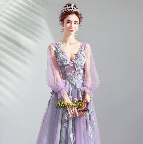 Purple Tulle Long Sleeve Appliques Flower Lace Up Prom Dress