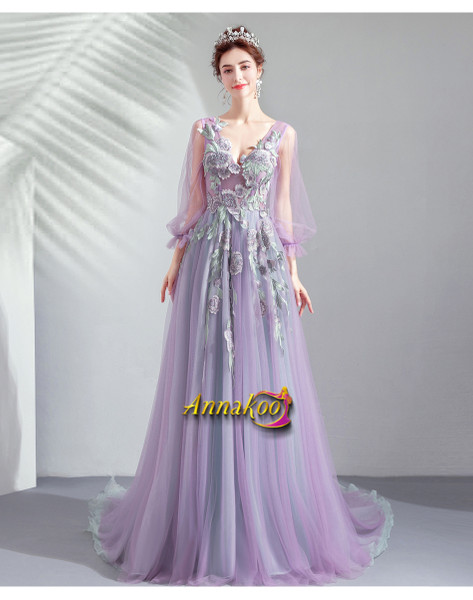 Purple Tulle Long Sleeve Appliques Flower Lace Up Prom Dress
