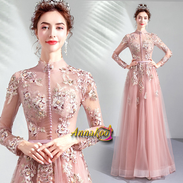 Shop 2021 ANNAKOO High Neck Pink Tulle Embroidery Lace Up Long Sleeve Prom Dress Under 145
