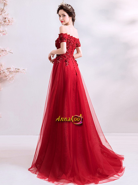 Burgundy Tulle Flowers Off The Shoulder A Line Prom Dress