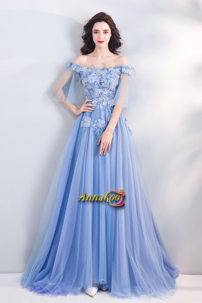 Off The Shoulder Short Sleeves Appliques Feather Blue Prom Dress