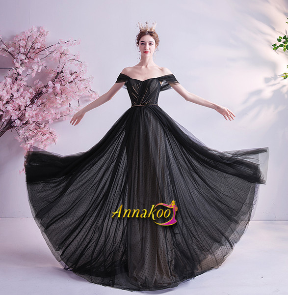 Black Tulle Off The Shoulder Beading Lace Up Prom Dress