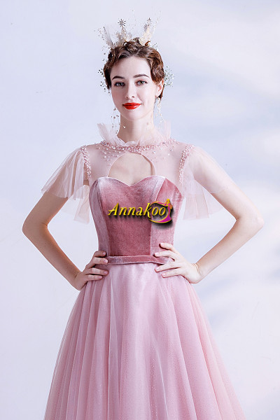Shop ANNAKOO 2021 High Neck Pink Sheer Back See Through Short Sleeves A Line Prom Dress Under 138