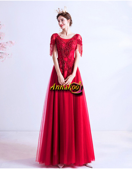 Burgundy Scoop Tulle 3D Flowers Beading Short Sleeves A Line Prom DRESS