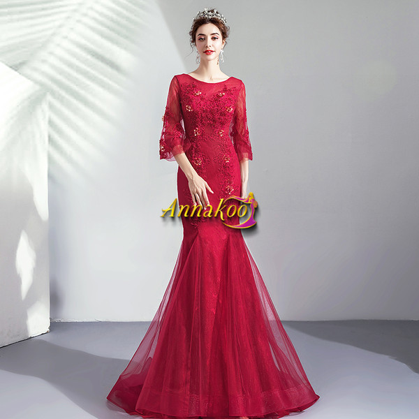 Shop Annakoo 2021 3/4 Sleeves Burgundy Tulle Lace Up Trumpet Mermaid Prom Dress Under 138