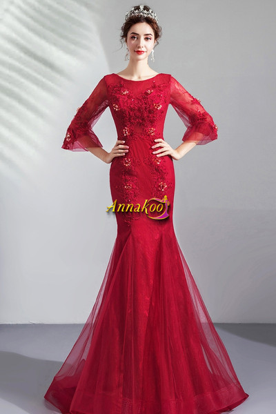 Shop Annakoo 2021 3/4 Sleeves Burgundy Tulle Lace Up Trumpet Mermaid Prom Dress Under 138